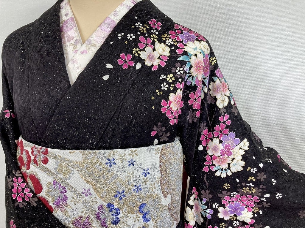 京友禅 3点セット 金通し 金駒刺繍 振袖 袋帯 襦袢 花柄 正絹 黒 白