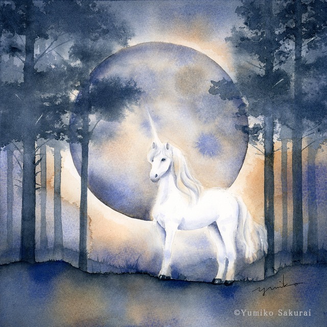 原画　『　ユニコーン　』　～再会～　水彩画　ユニコーンの絵　