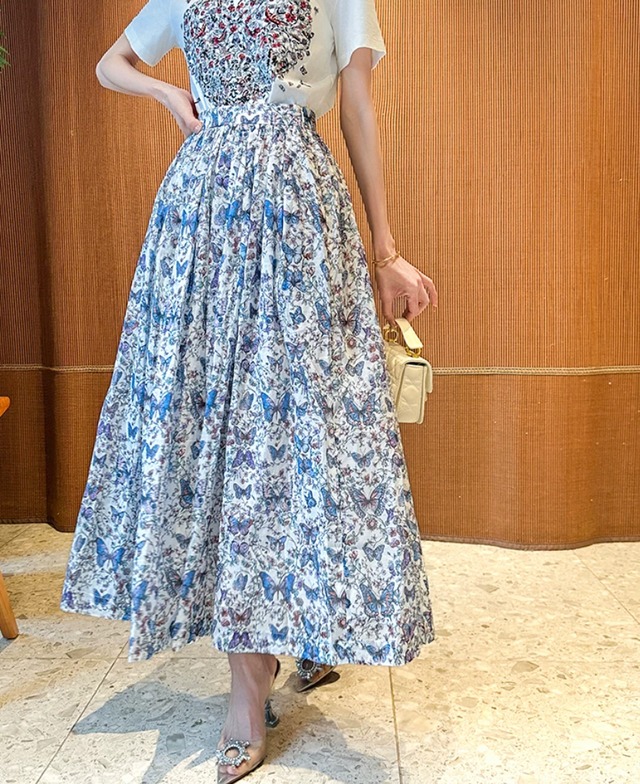 レディース バタフライ ロングスカート ブルー 花柄 水彩 大人可愛い オリエンタル柄 女子会 ランチ お呼ばれ