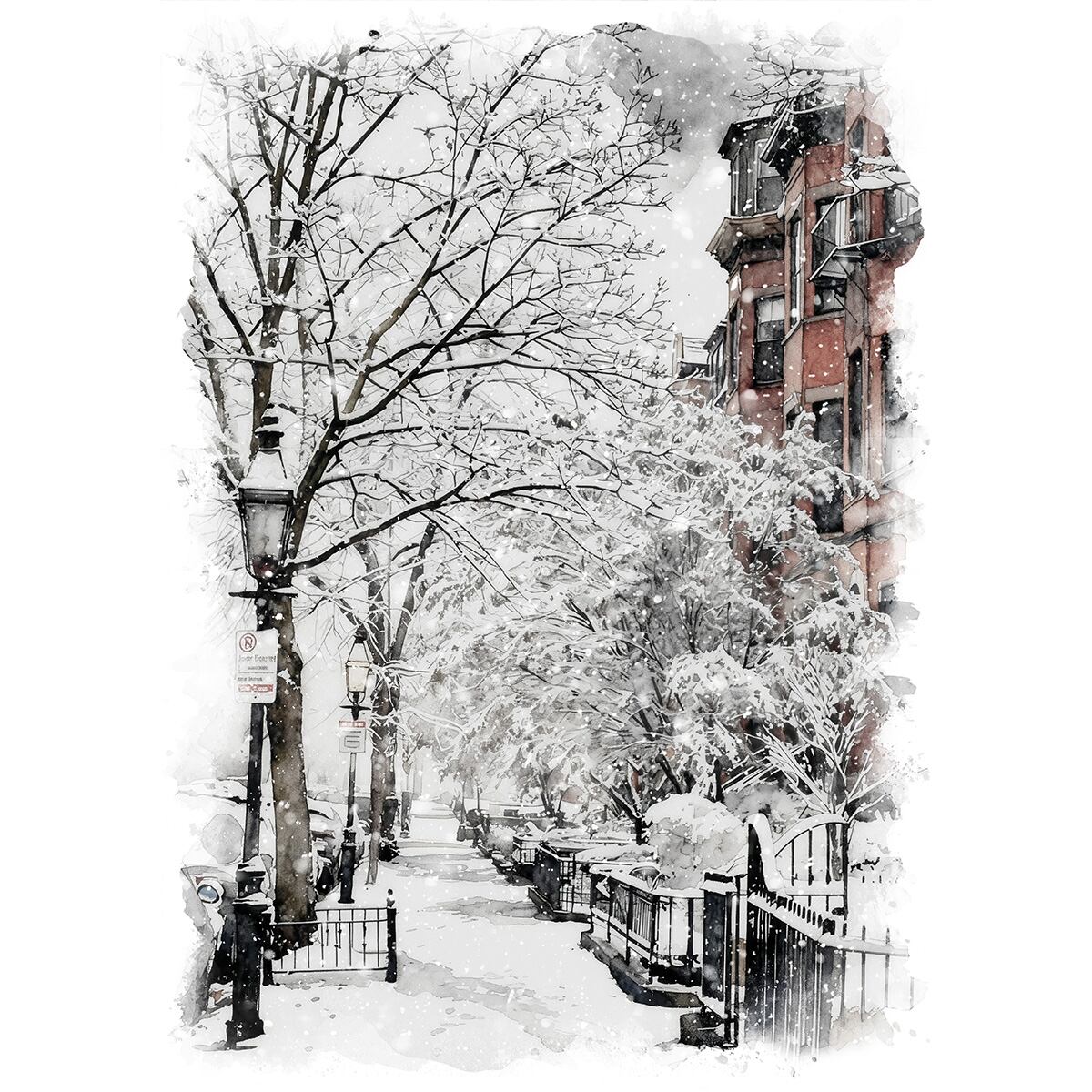 絵画 アメリカ 風景画(街並み) 冬 雪が降る ボストン インテリアアート額付き 水彩画・油絵調 WAT0362