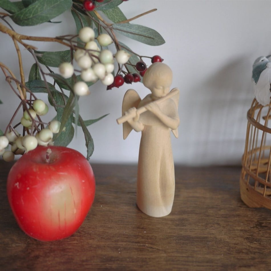 フルートを吹く天使 木彫り天使像 白木 ドイツ