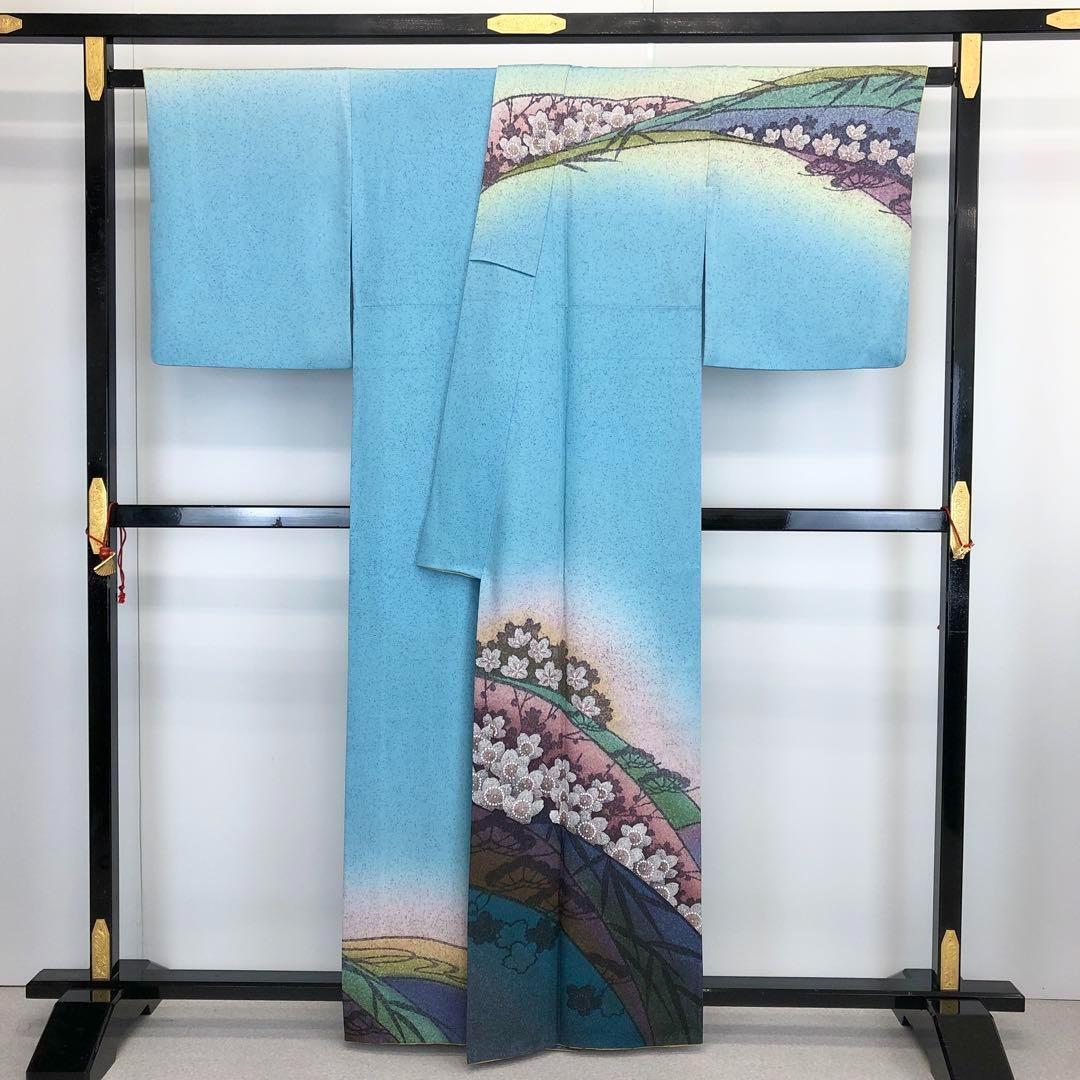 訪問着 蝋彩染作家 中嶋博司 美しい桜の花模様 水縹色 ガード 