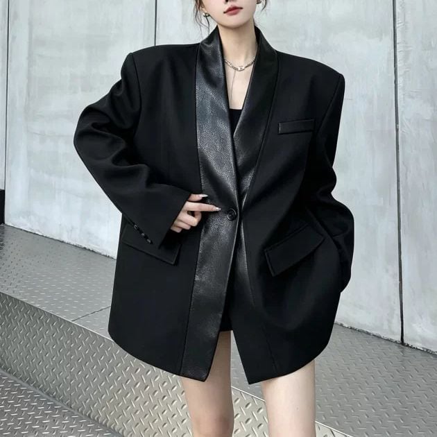 V-NECK PADDED SHOULDER RELAXED BLAZER JACKET M-18359