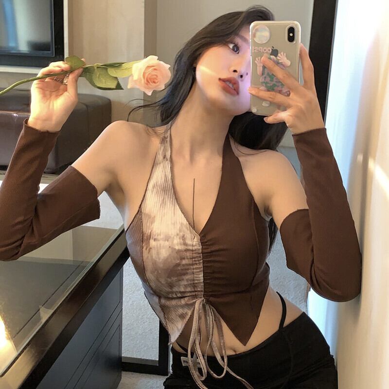 スタンダードカラーホルタートップス サマーギャザーショートTシャツ レトロ ストリート 夏物 ガールズファッション10999666392