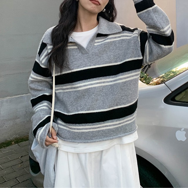 polo collar multi-border knit　J00202