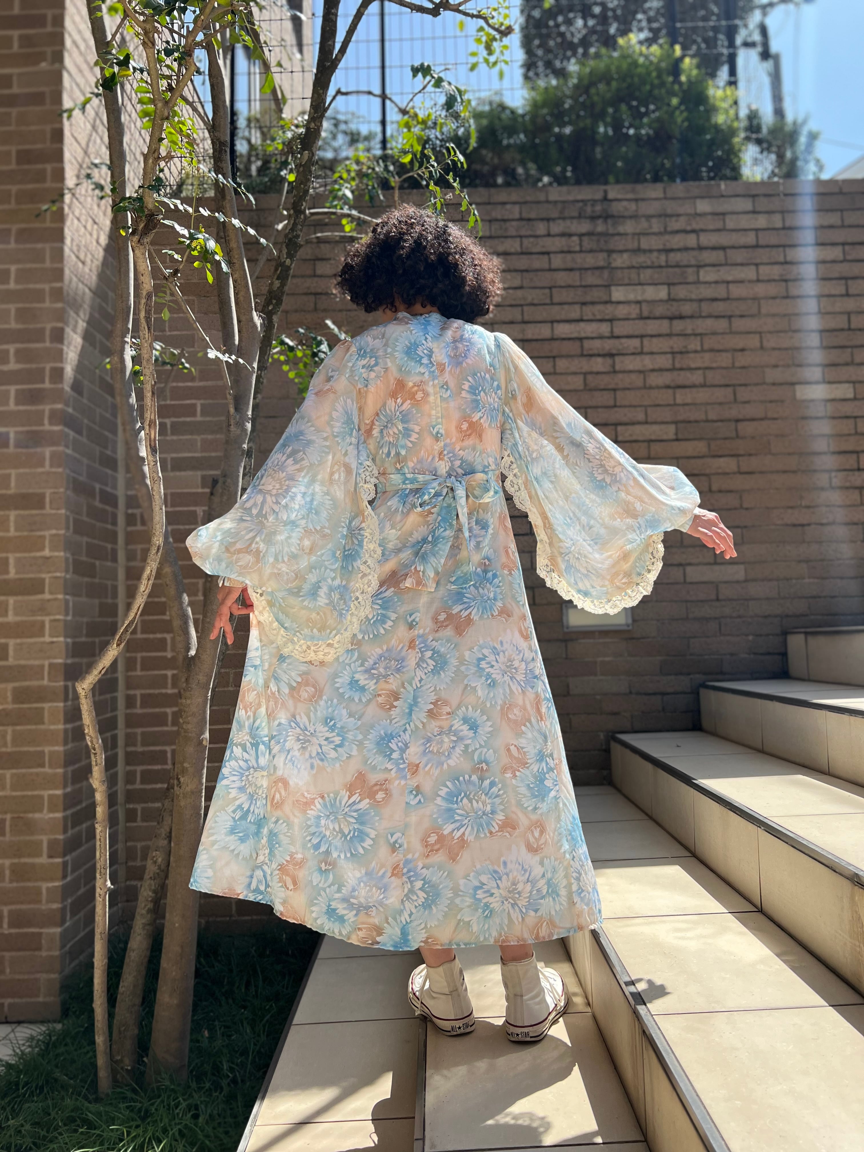 70s floral × lace dress ( ヴィンテージ 花柄 × レース ワンピース
