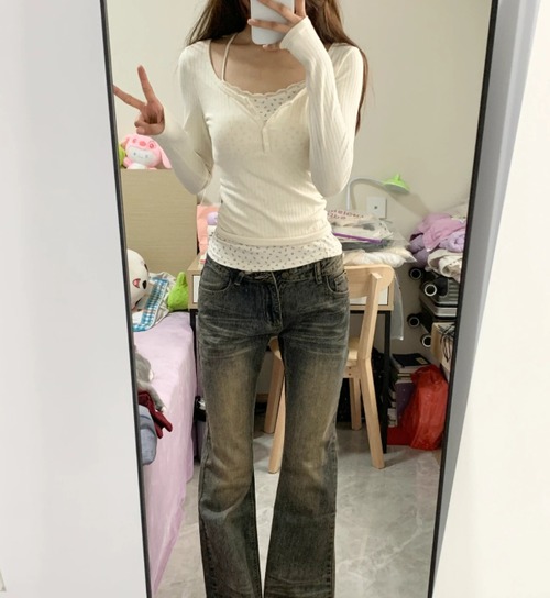 4色／小花柄ドッキングヘンリーネックトップス ・78614
