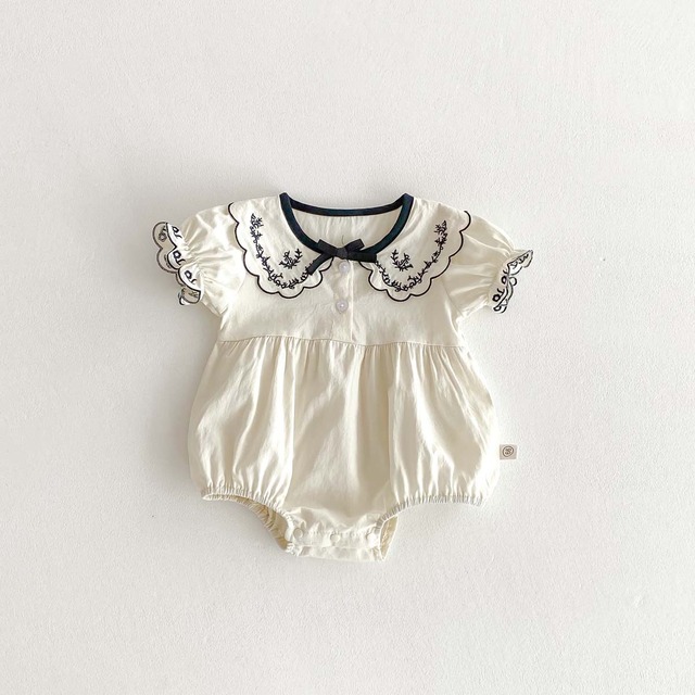 【BABY】エイミー刺繍襟リボン半袖パフスリーブロンパース - 8
