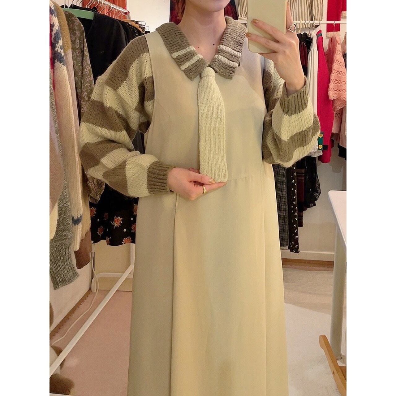 khaki cream border necktie sweater