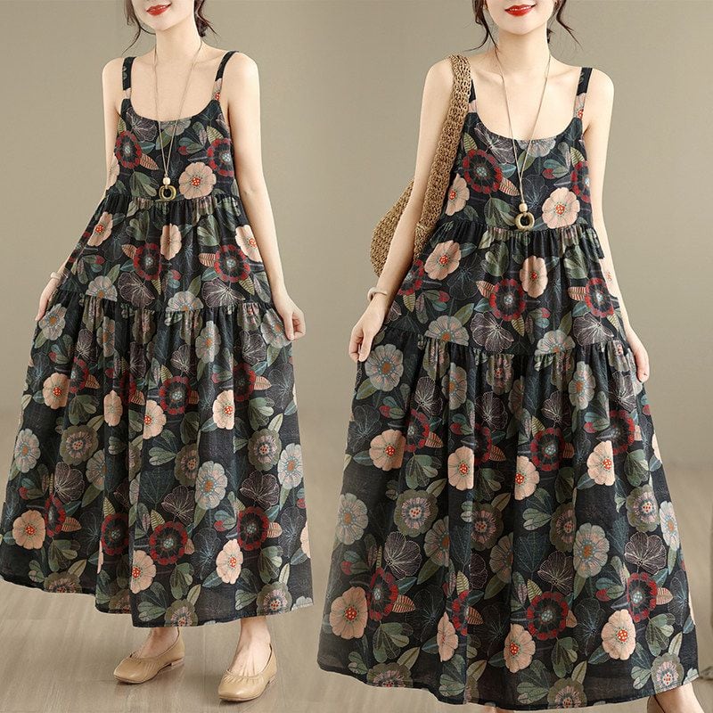 FLORAL PRINT TIERED MAXI SLEEVELESS DRESS M-17688