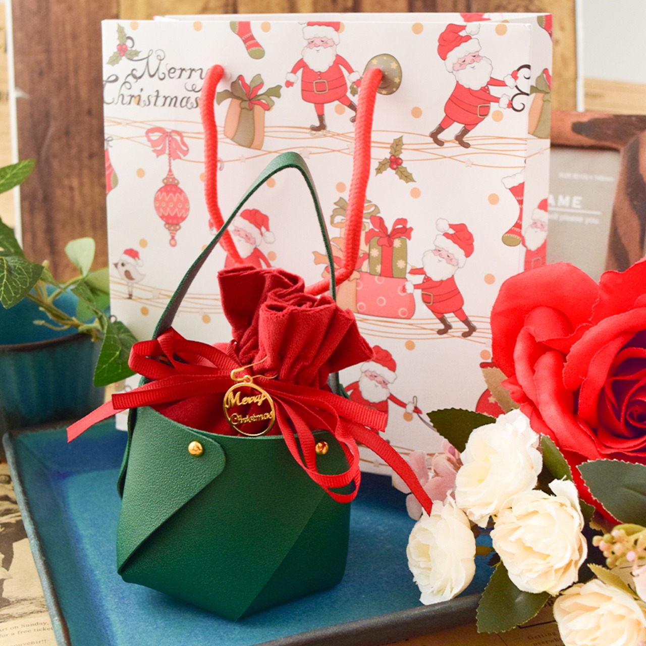 ラッピングセットクリスマススモールサイズトートバッグGR（巾着袋付き）包装セット