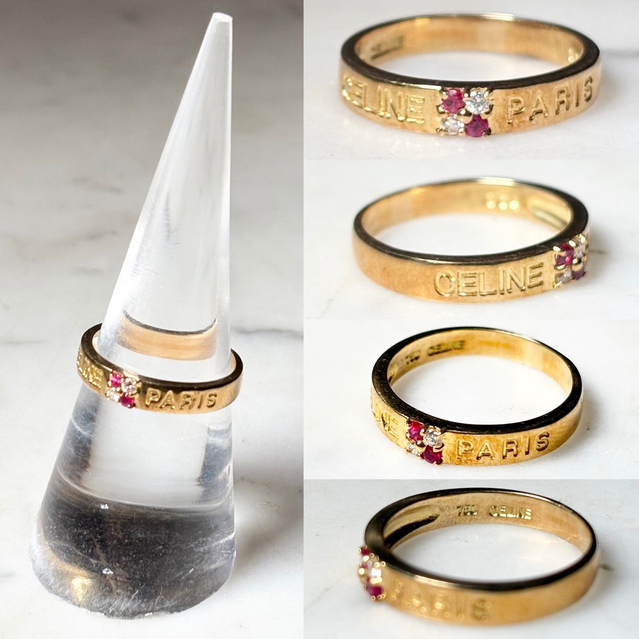 vintage CELINE k18 gold logo band ring set with Diamond & Ruby