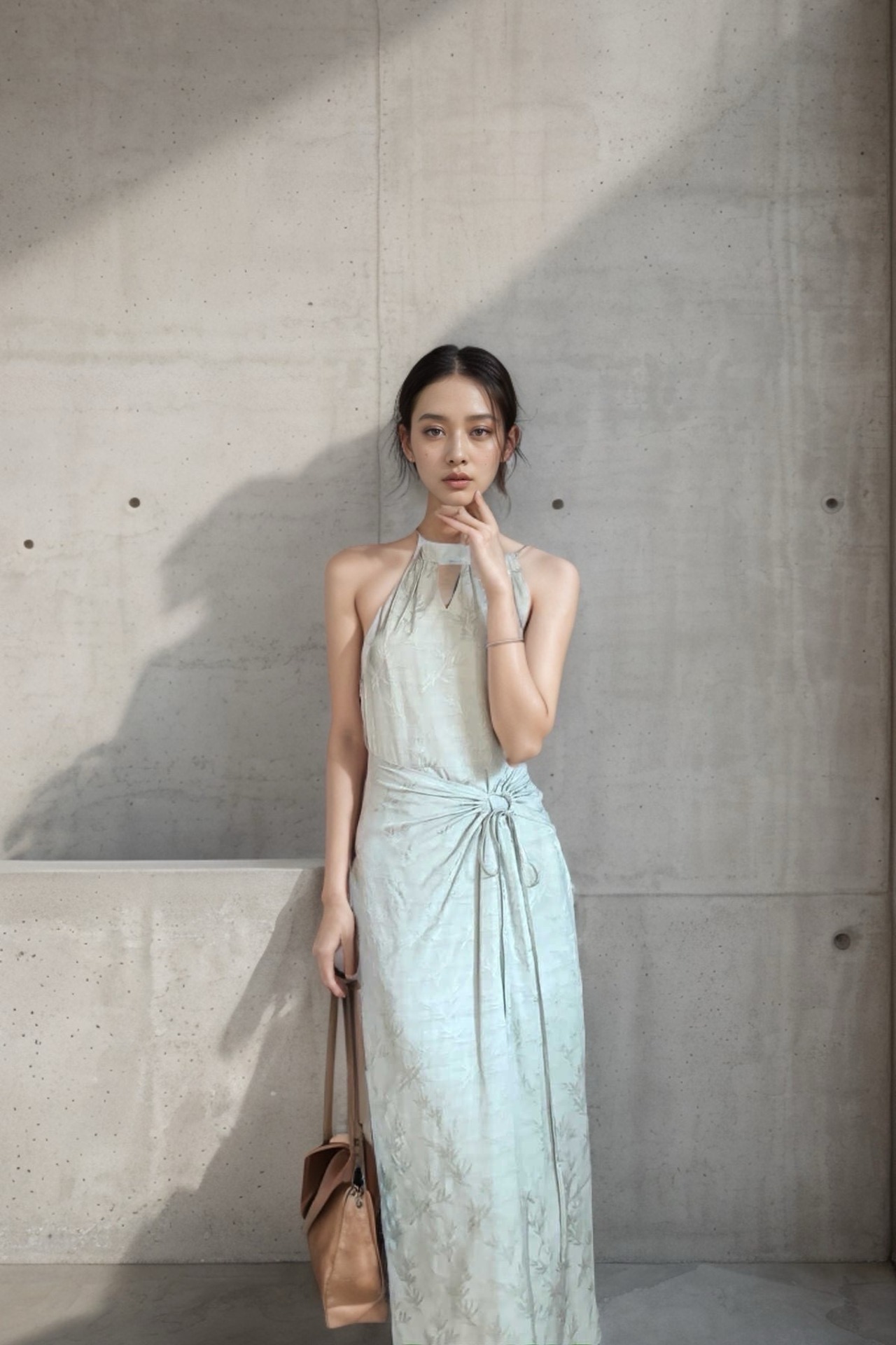 Bamboo Pattern One-Piece/竹柄ワンピース パーティー ロング ノースリーブ きれいめ クラシック ジャガード 竹柄 白 水色