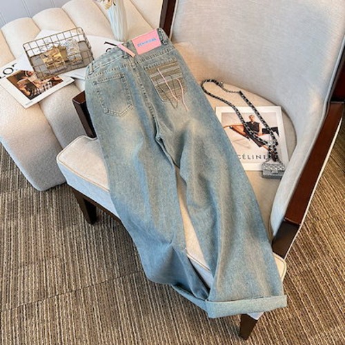 春秋新作 ガウチョパンツ ライトブルー ストレートシリンダ ジーパン ゆとりがある 韓国ファッション ハイウエスト ワイドパンツ レディース