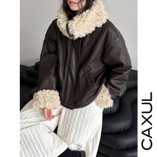 PUレザー×ラムカラー ダウンジャケット/2color