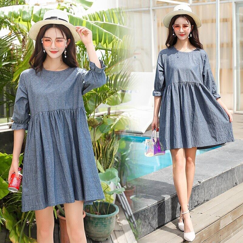 【新作】【送料無料】 ハーフランタンスリーブOネックサマーマタニティルーズデニムマタニティドレス妊婦エンパイアコットンドレス 夏物 AL expec335830589973