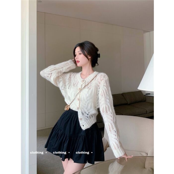 パールニットセーター ルーズカーディガンジャケット オータムホワイトトップス 秋物 真珠 ガールズファッション50908932037