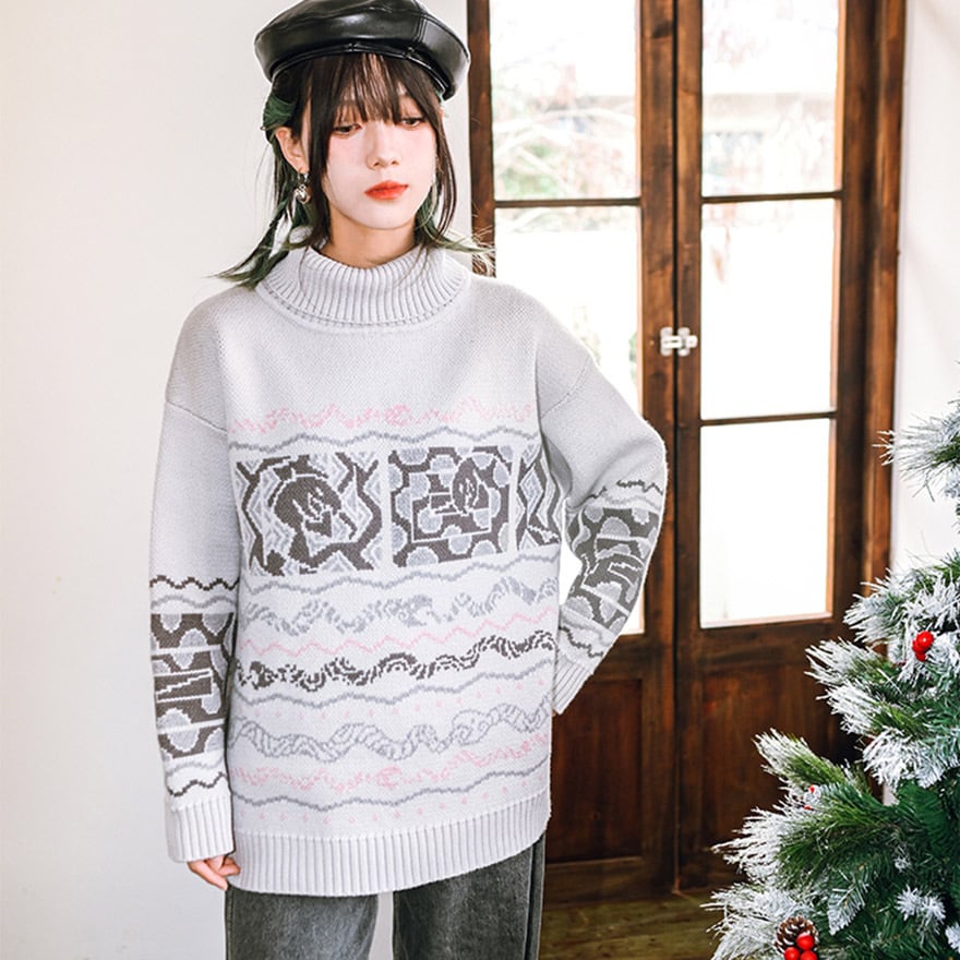 中華ゴシック レトロ ハイネック ジャカードセーター 古怪舎