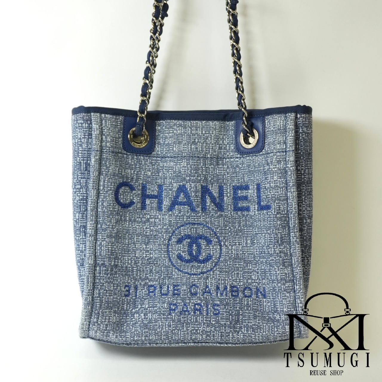 CHANEL シャネル ドーヴィルPM キャンバスxレザー チェーントートバッグ ブルー シルバー金具 25番台