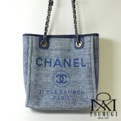 CHANEL シャネル ドーヴィルPM キャンバスxレザー チェーントートバッグ ブルー シルバー金具 25番台