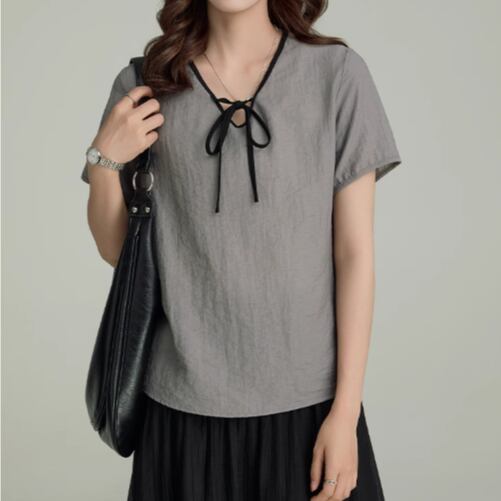 Vネック配色リボンTシャツ 00786