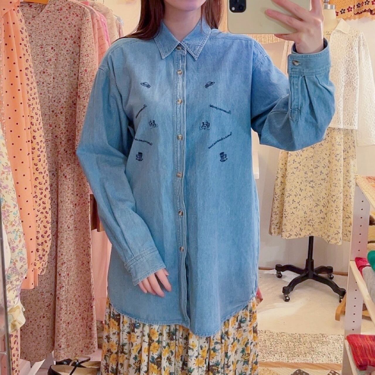 mini icon embroidery denim shirt