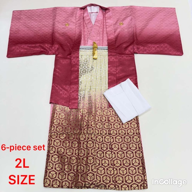 紋付袴 6点セット 着物 羽織 袴 長襦袢 羽織紐 角帯 裄73cm 袴丈91.5cm 2L ピンク 五つ紋 中古 4501