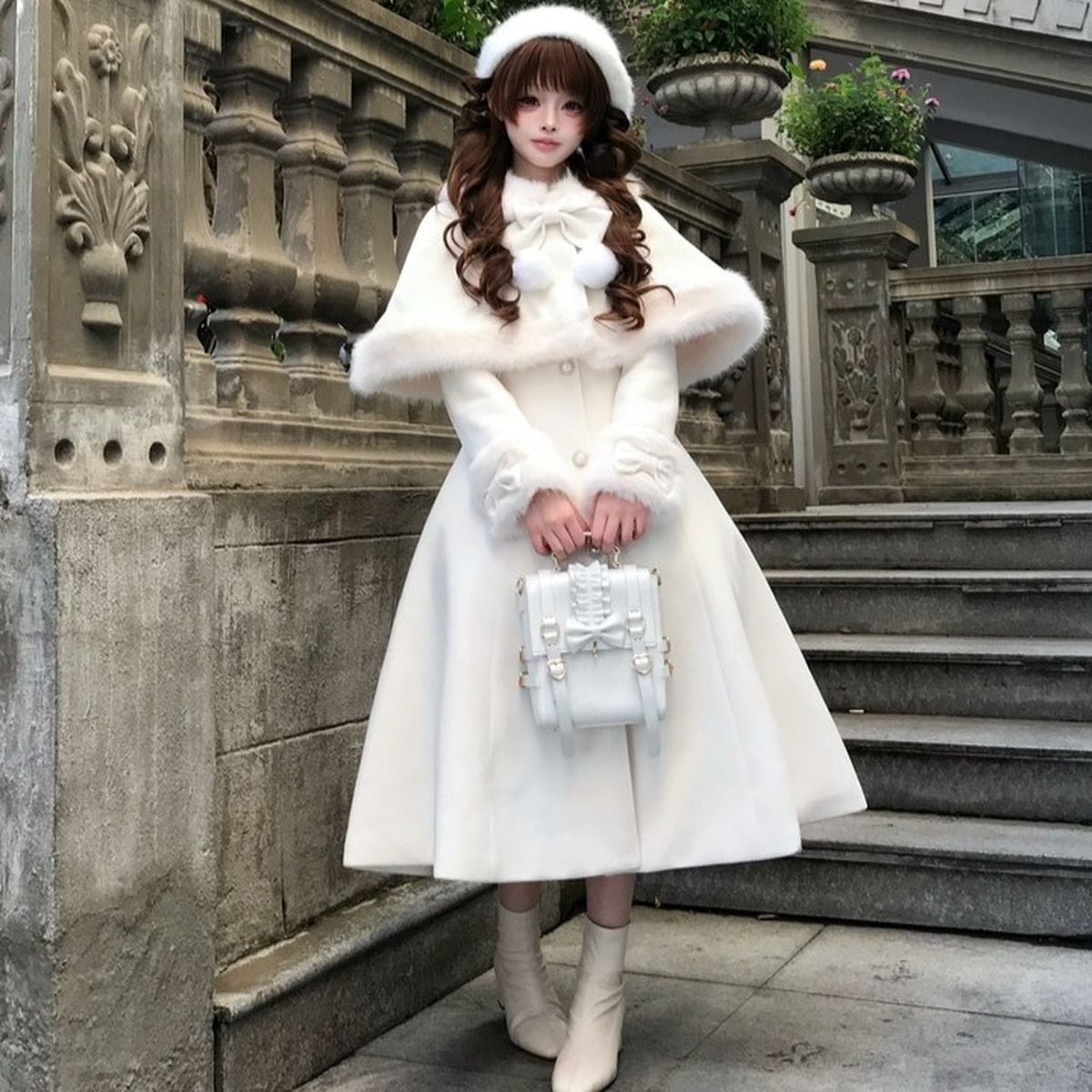 雪の令嬢ファーケープ付きの純白ウィンター2WAYコート | Maiden's Rêve