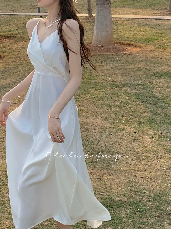 ホルターリボンクロスドレス サマーソリッド カラーVネックAラインスカート 夏物 ソリッドカラー ドラファッションホール40506882873