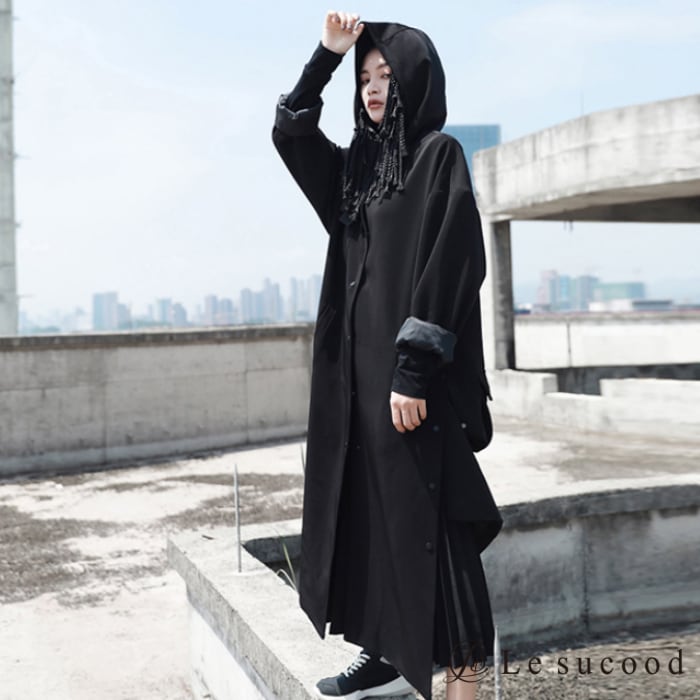 韓国 服 レディース コート 黒 アウター ロングコート オーバーサイズ 黒