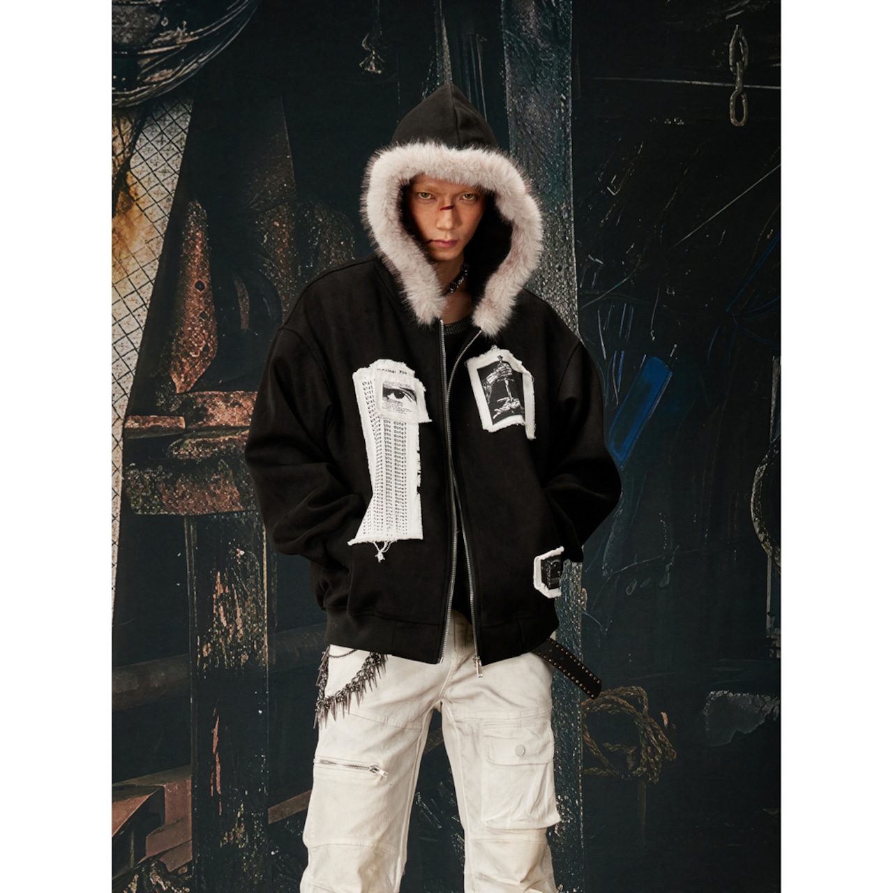 ストリート ファーカラーパッチプリント ジップパーカー T2021