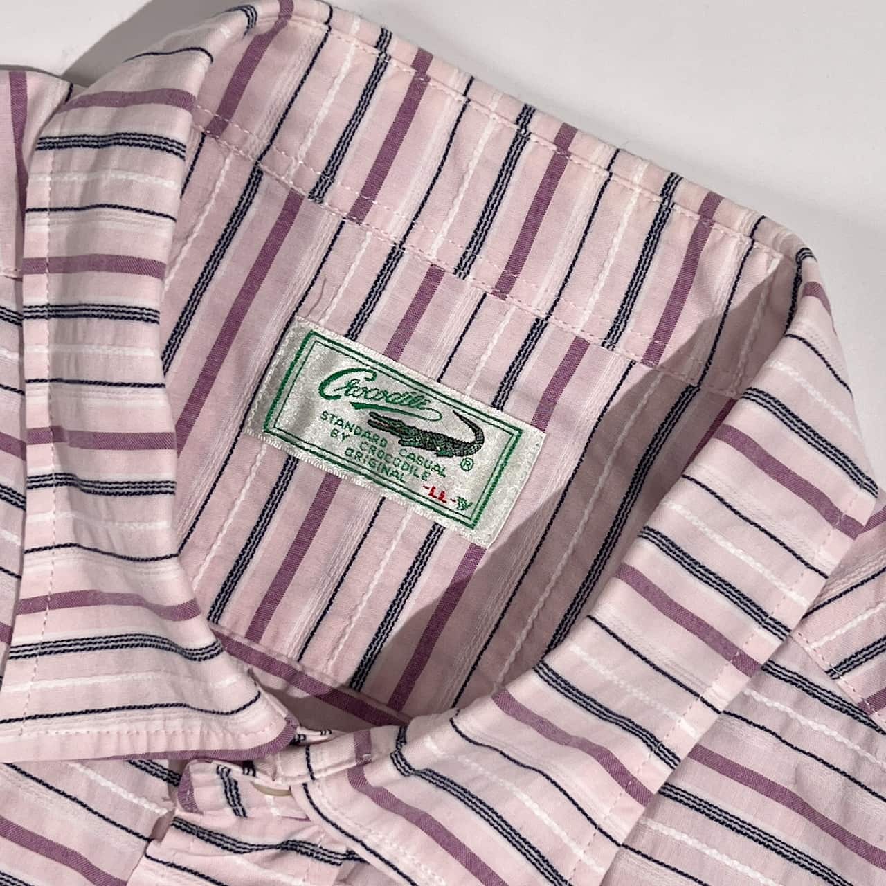 Crocodile クロコダイル シアサッカー ボーダー柄 ワンポイント 半袖 シャツ LL /ピンク系 メンズ