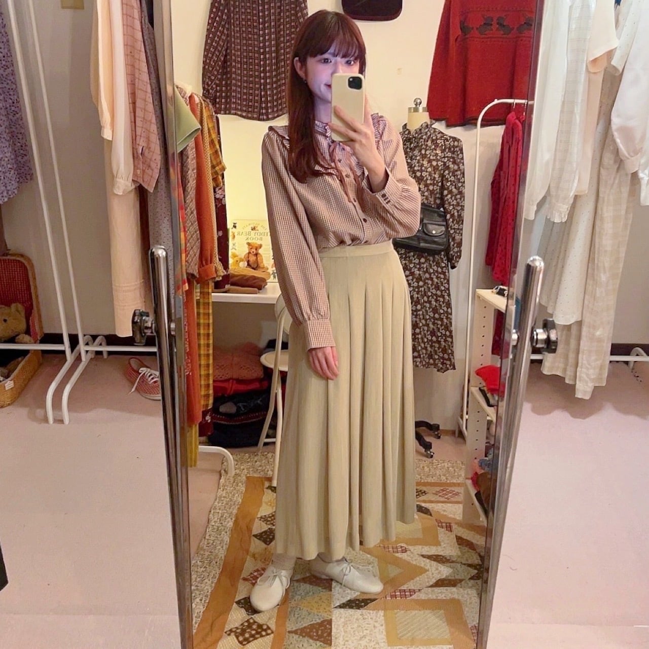 brown gingham check frill ribbon blouse