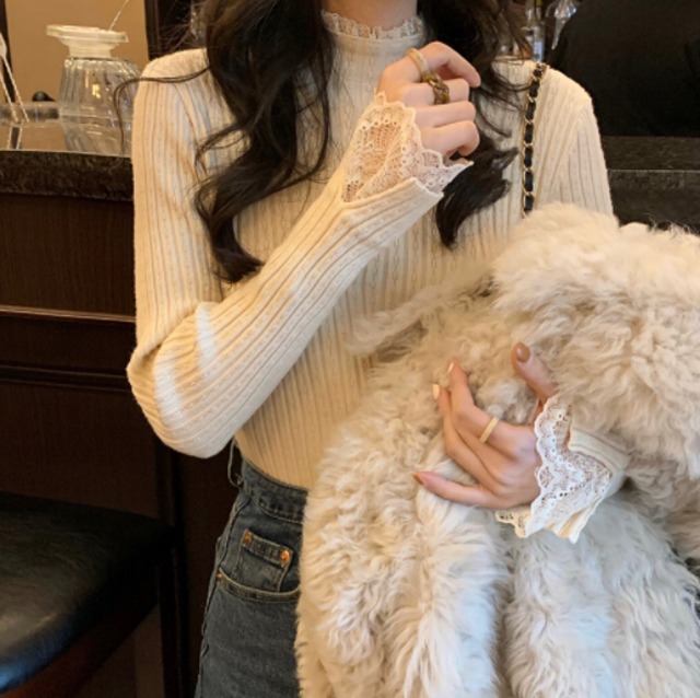 春秋新作 レディース トップス ニット レース 細身 重ね着風