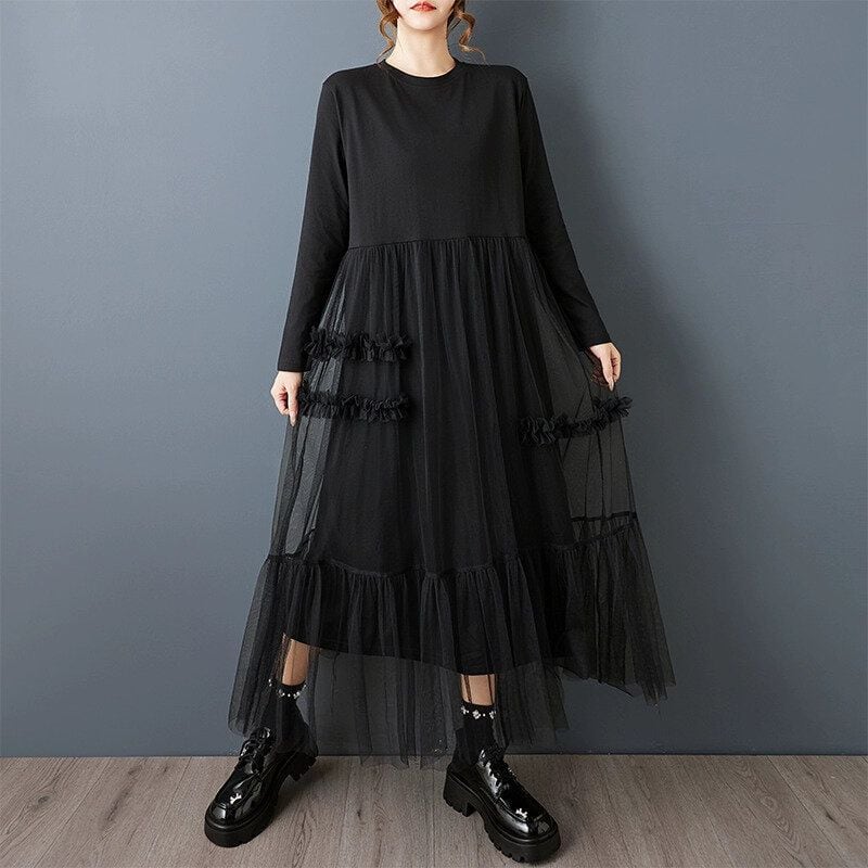 BLACK MESH LAYERED STITCH A-LINE LONG PULLOVER DRESS 1color M-15480