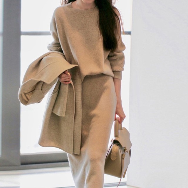 Sleeve line elegant retro long knit dress set up ( 3color )