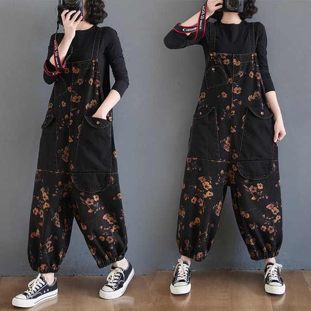 FLOWER PRINT DESIGN POCKET OVERALL 1color M-11941