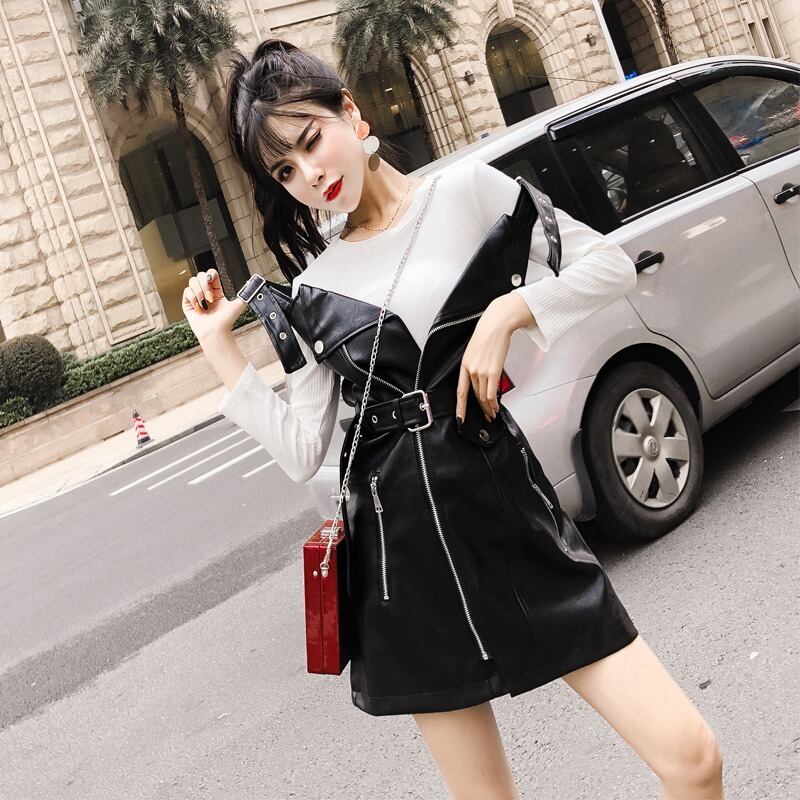 オータムスタイルレザースカート ホワイトニットトップス レディース ロング ストリート 秋物 ハンチェンe94347157272