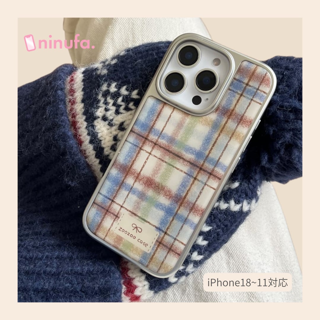 【iPhone18-11まで対応】秋冬のおしゃれケースはこれだ!◎韓国風レトロなチェック柄 マットシルバーケース チェック柄 艶 スマホケース ND-16445