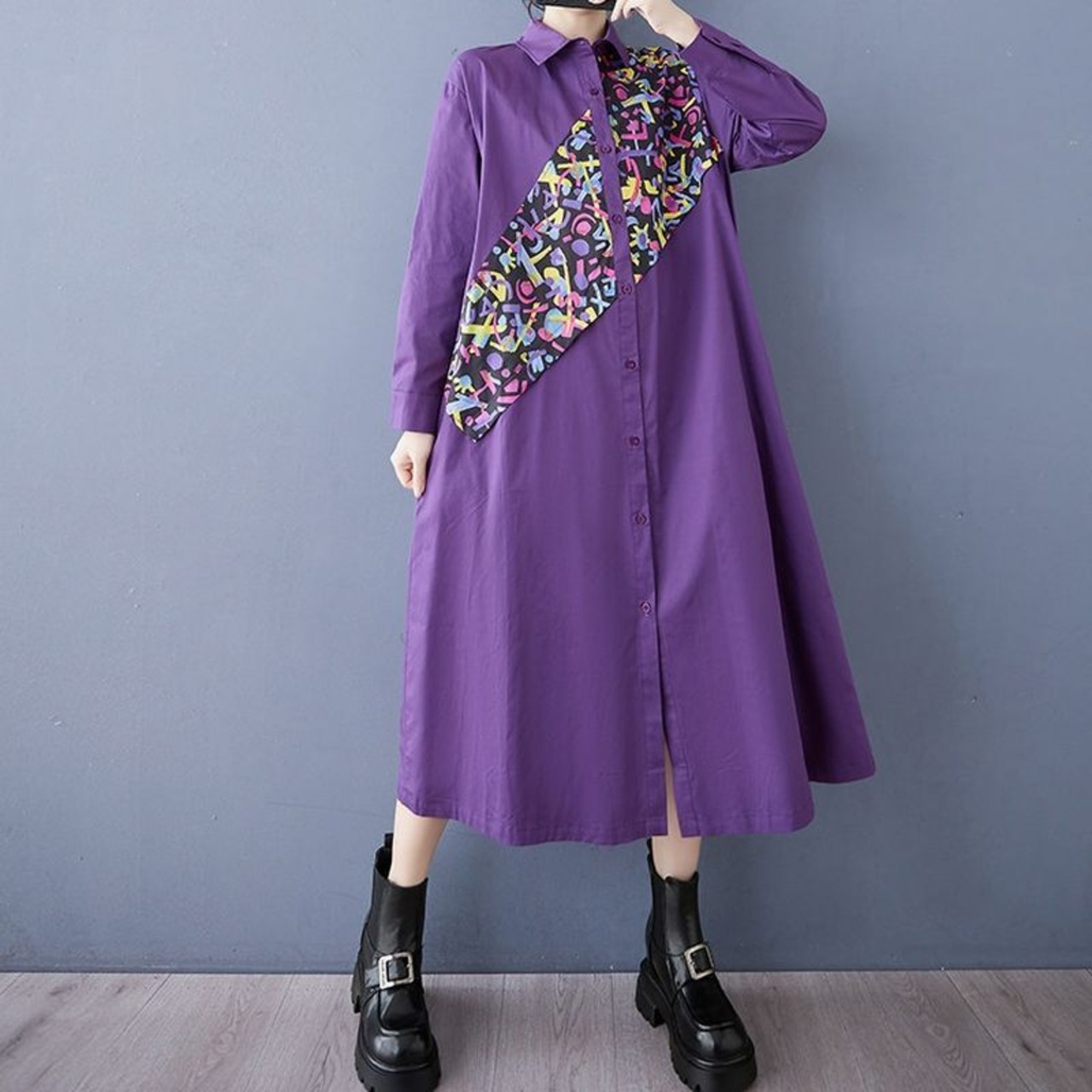 斜め柄 配色 シャツワンピース  00003