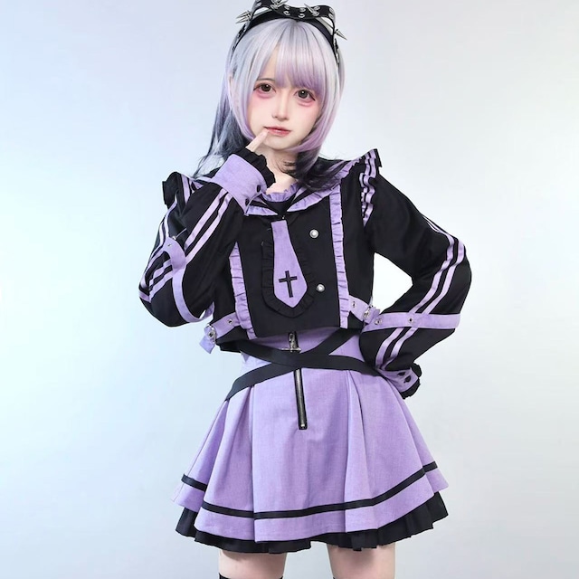 ラベンダーカラー セーラー風セットアップ｜フリルデザイン トップス＆スカート＋レッグウォーマー付き サブカルファッション｜天使と悪魔