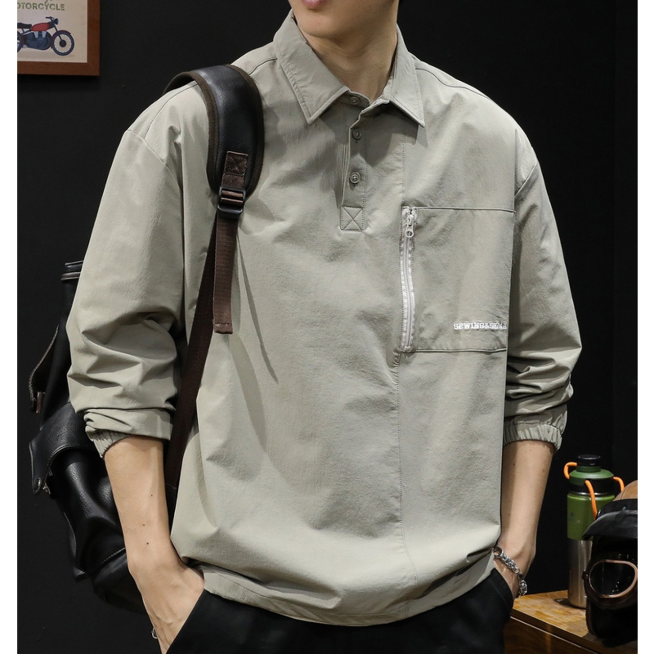 Button-Down Patch Pocket Shirt with Hidden Placket Long Sleeve ◇2color H0467