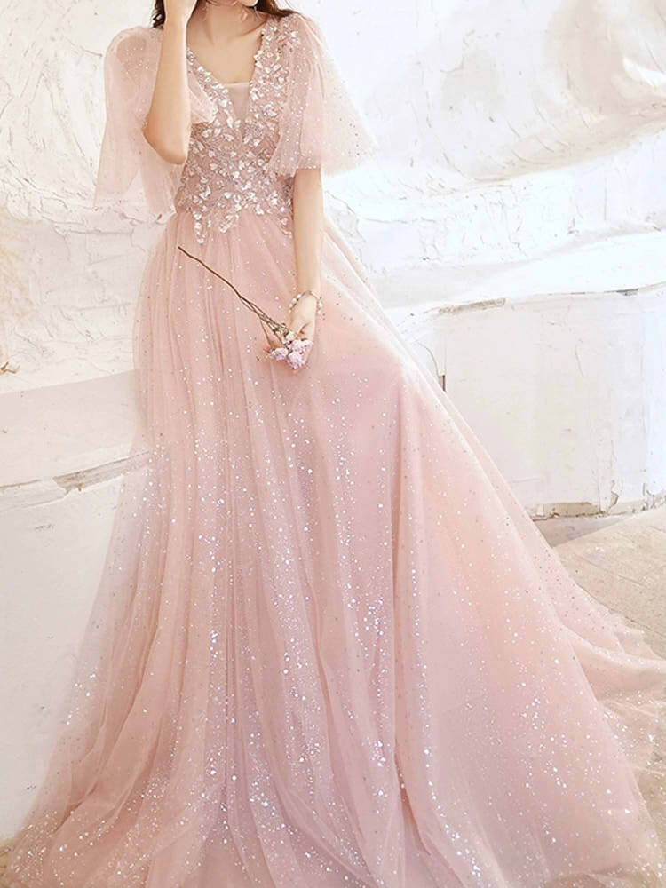 妖艶さと愛らしさのハイブリットデザイン ケープスリーブシフォンドレス かわいい 結婚式 人気 大きいサイズ 韓国 CH8855