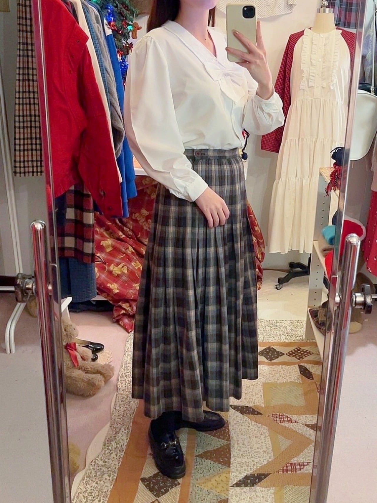 brown check tuck wool skirt