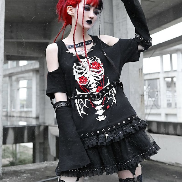 With U ゴスロリ系 ゴシック ロリィタ BLOOD Tシャツ オフショルダー ベルト チェーン パンク ロック ボーン ハート バラ プリント 袖 取り外し可能 2Way ゴスロリ系 ゴスロリ服 病み服