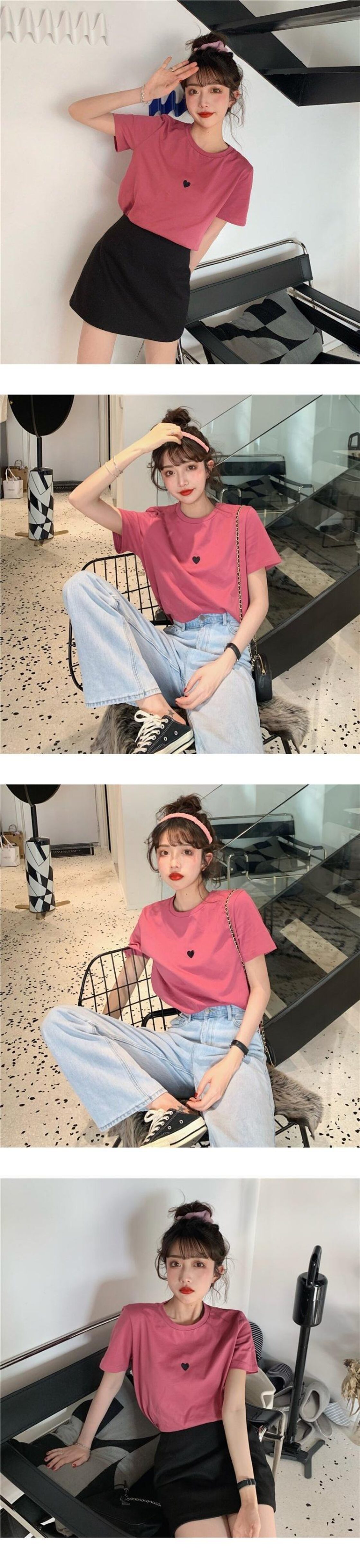 ホワイト 白Tシャツ レッド 赤刺繍ルーズブルー 青トップス ショート 