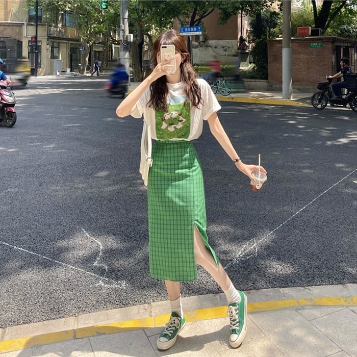 チェック柄 ハイウエスト タイトスカート ミモレ丈 スリット ロングスカート レディース 華奢見え グリーン ※【取寄:発送目安14-21日営業日】
