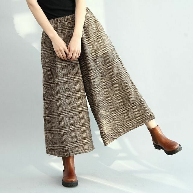 秋冬にピッタリの厚手ワイドパンツ チェック柄 韓国ファッション
