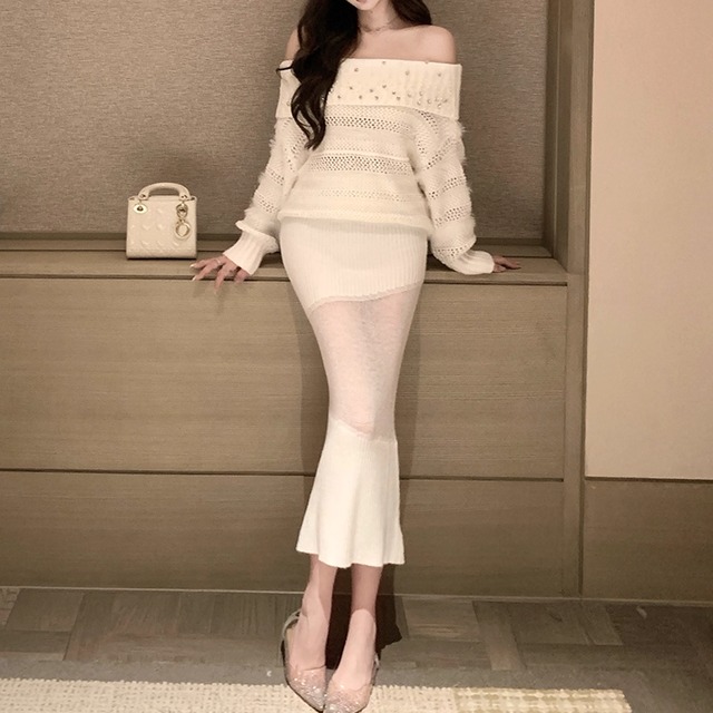 【set】ビジューオフショルニットトップス×透け感ニットマーメイドスカート Q7565