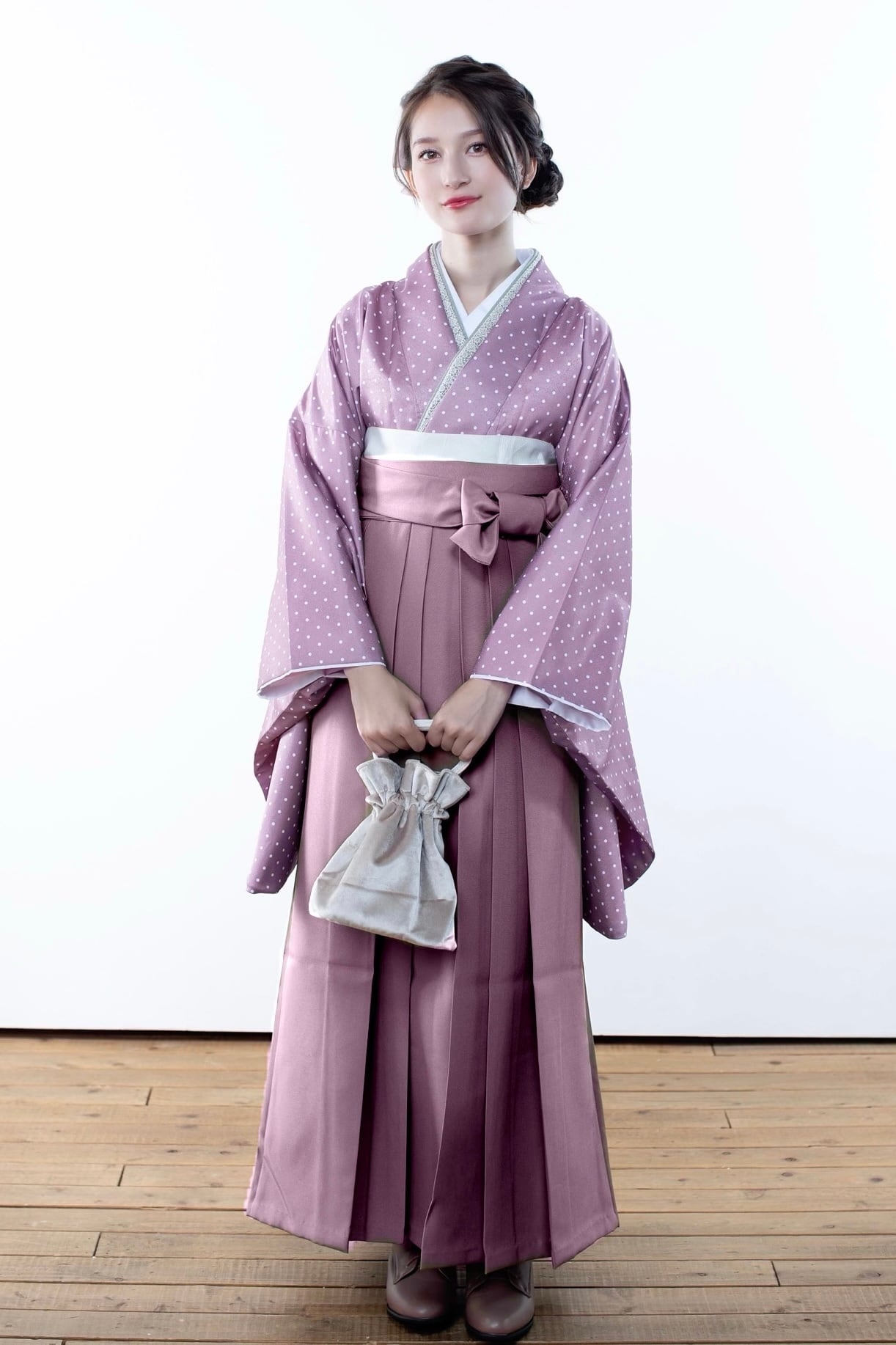 新作 着物ジェンヌ 卒業式袴3点セット 二尺袖 袴 卒業式 ドット柄 ピンク